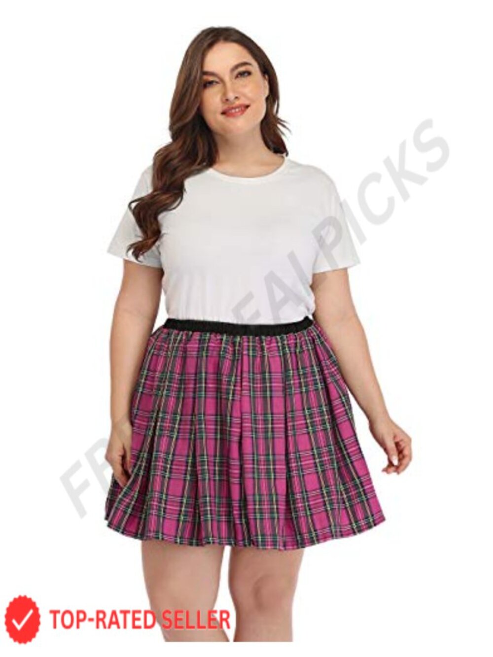 Plus Size Plaid Pleated Mini Skirt Elastic Waistband Schoolgirl Cosplay